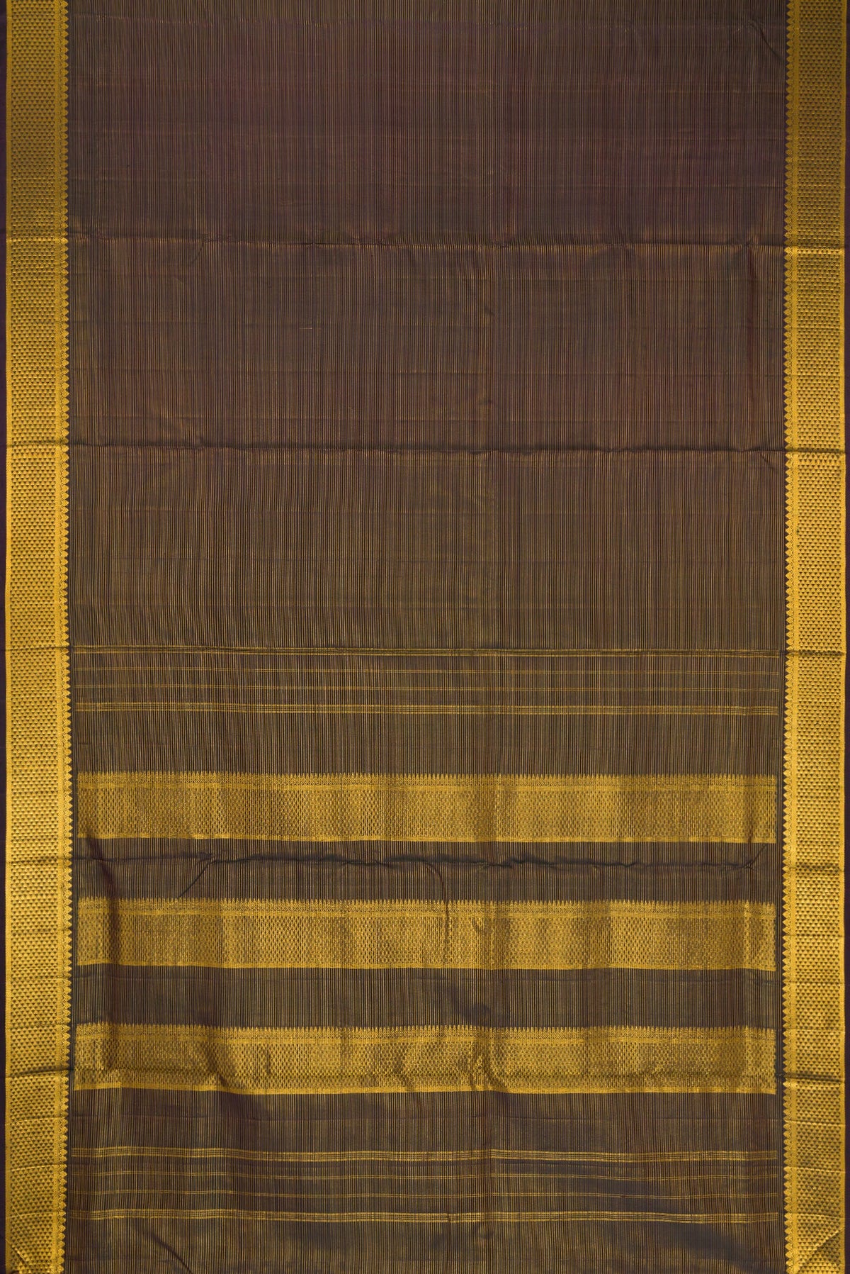 Flat view of Black Dual Tone Kanjivaram Silk Nine Yards Saree with Stripes on the body and Zari Border. 
