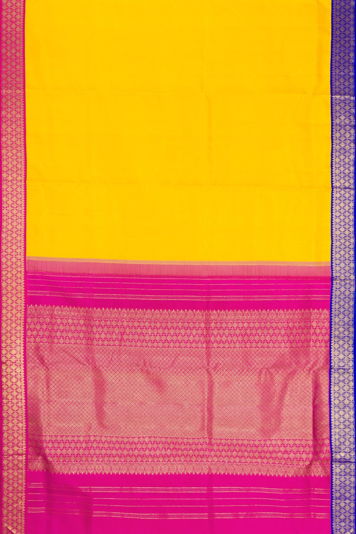 Flat view of Pure Silk Pure Zari Yellow Dual Tone Kanchipuram Nine Yards Saree with Plain Body and Ganga Jamuna Border. 