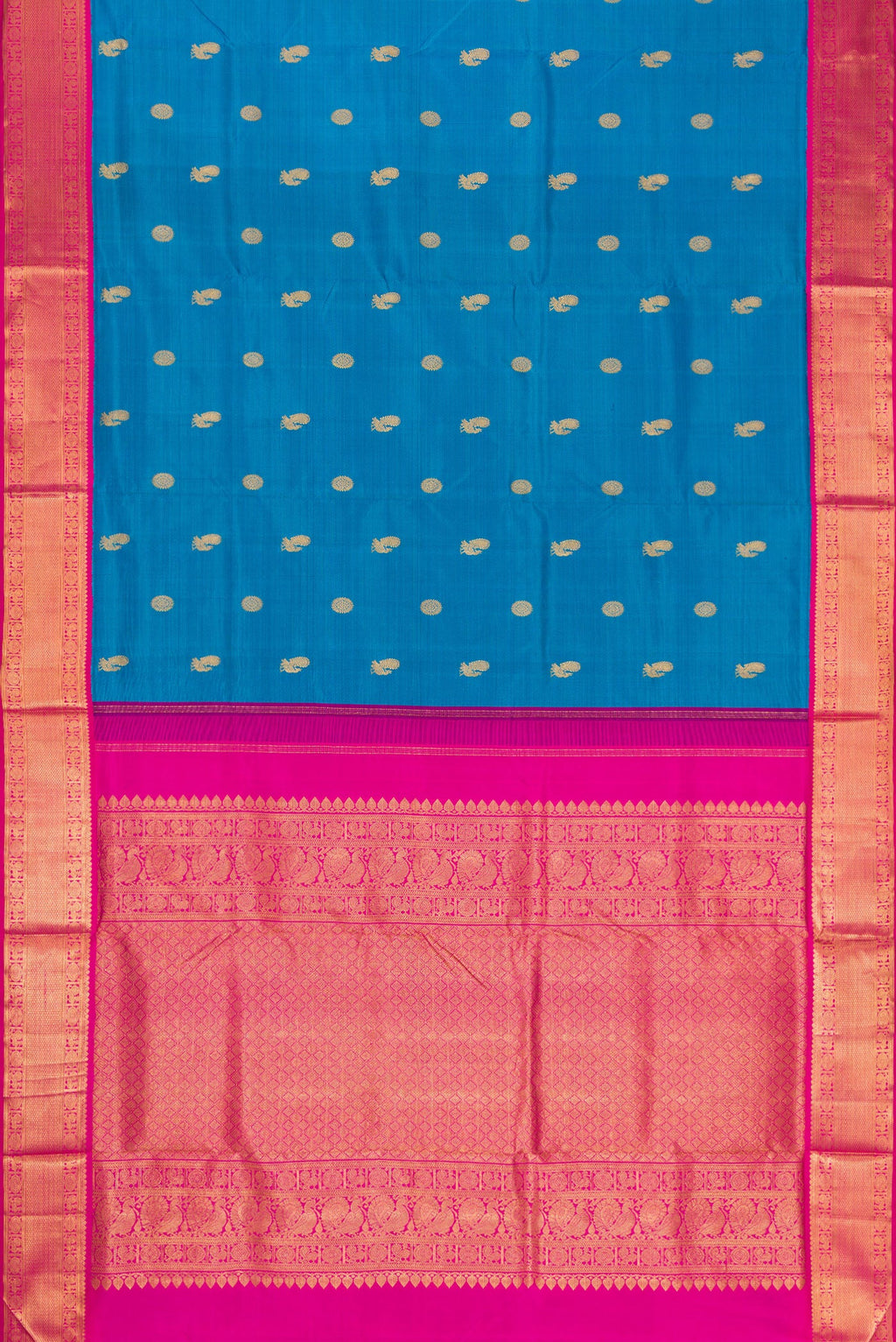 Flat view of Pure Silk Pure Zari Peacock Blue Dual Tone Kanchipuram Nine Yards Saree with Zari Butta on the body and Zari Border. 