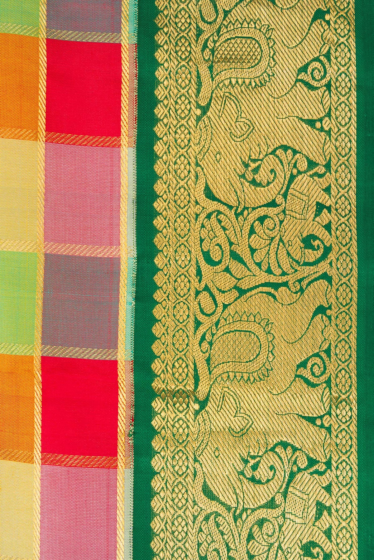 Border image of Red, Mustard, Green & pink Color Kanchipuram Silk Nine Yards Saree with Checked design on the body and Zari Border. 