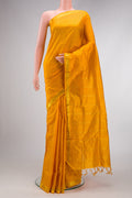 Mustard Dual Tone Kanchipuram Silk Nine Yards Saree with Checked design on the body and Zari Border.  displayed on a mannequin