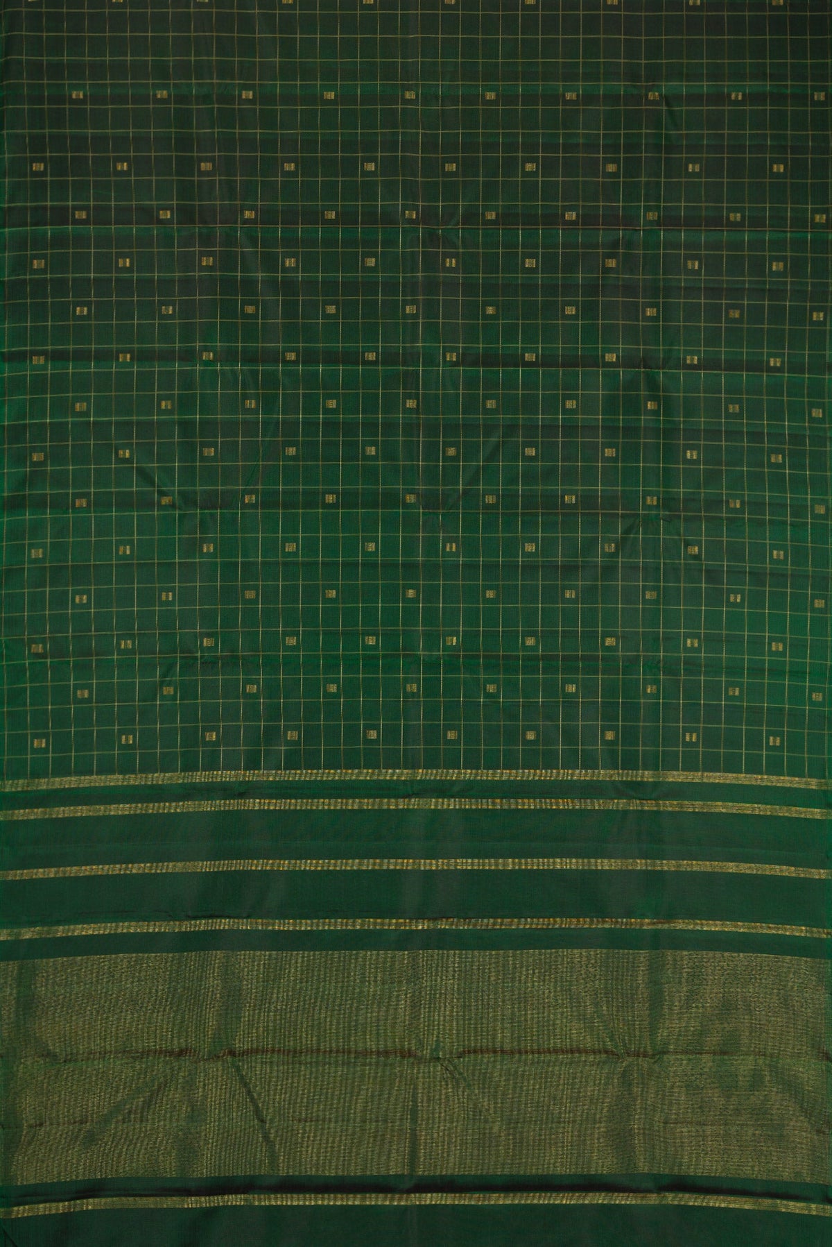 Flat view of Pure Silk Pure Zari Green Dual Tone Kanjivaram Saree with Checked design on the body and Without Border. 