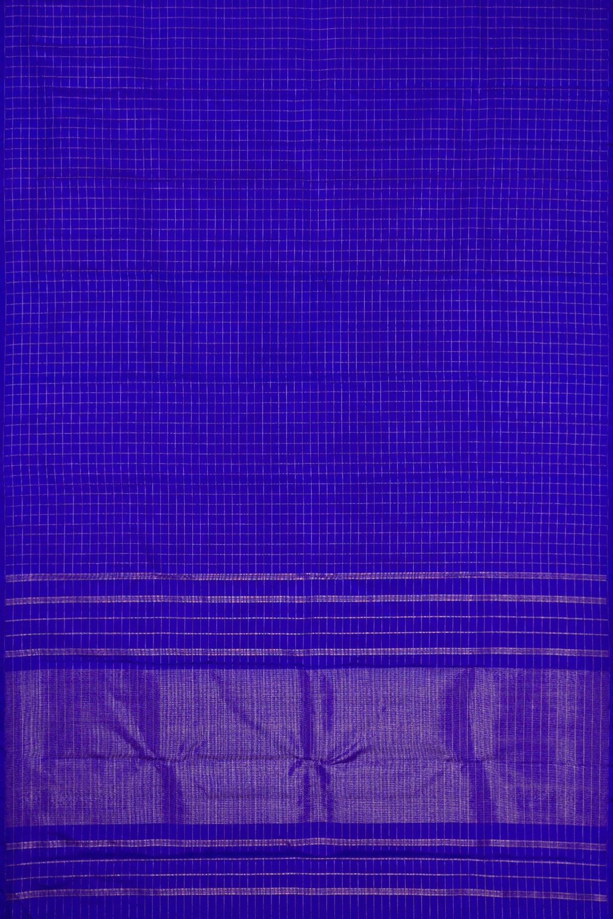 Flat view of Pure Silk Pure Zari Royal Blue Dual Tone Kanchipuram Saree with Checked design on the body and Without Border. 