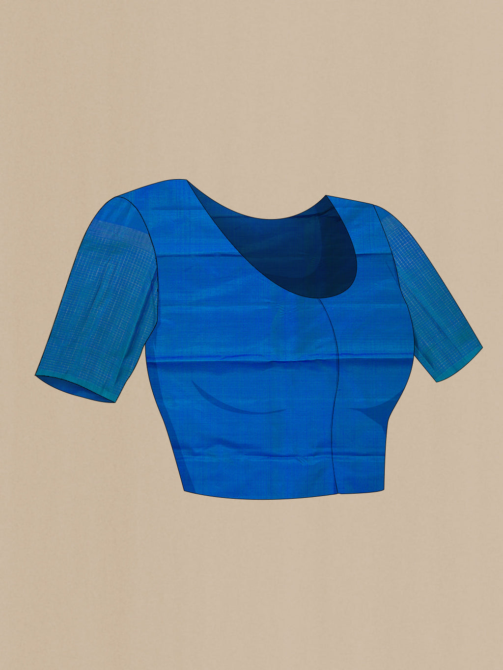 Close up image of the blouse of Pure Silk Pure Zari Peacock Blue Dual Tone Kanchipuram Saree with Zari Butta on the body and Zari Border. 
