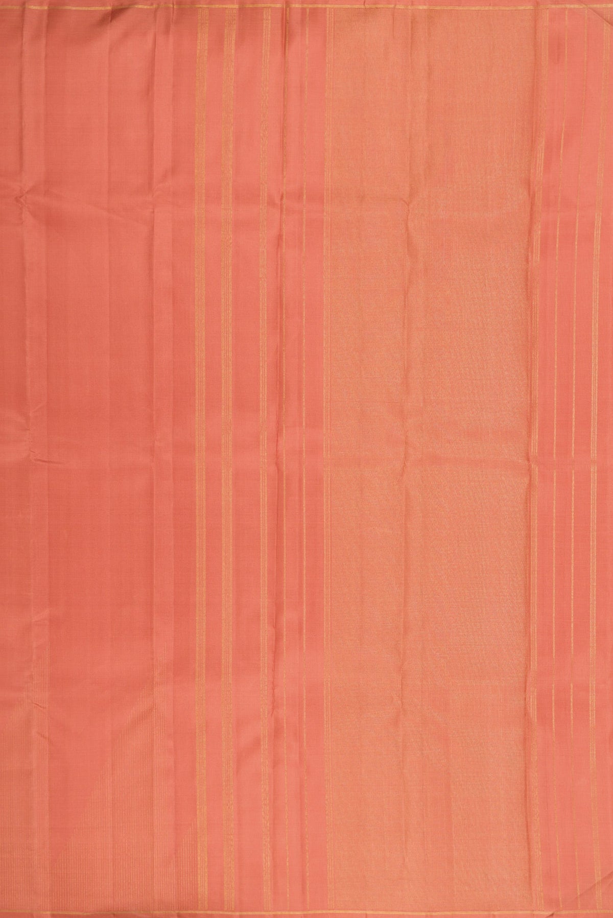 Close up image of the pallu of Pure Silk Pure Zari Golden Peach Dual Tone Kanjivaram Saree with Stripes on the body and Fancy Border. 