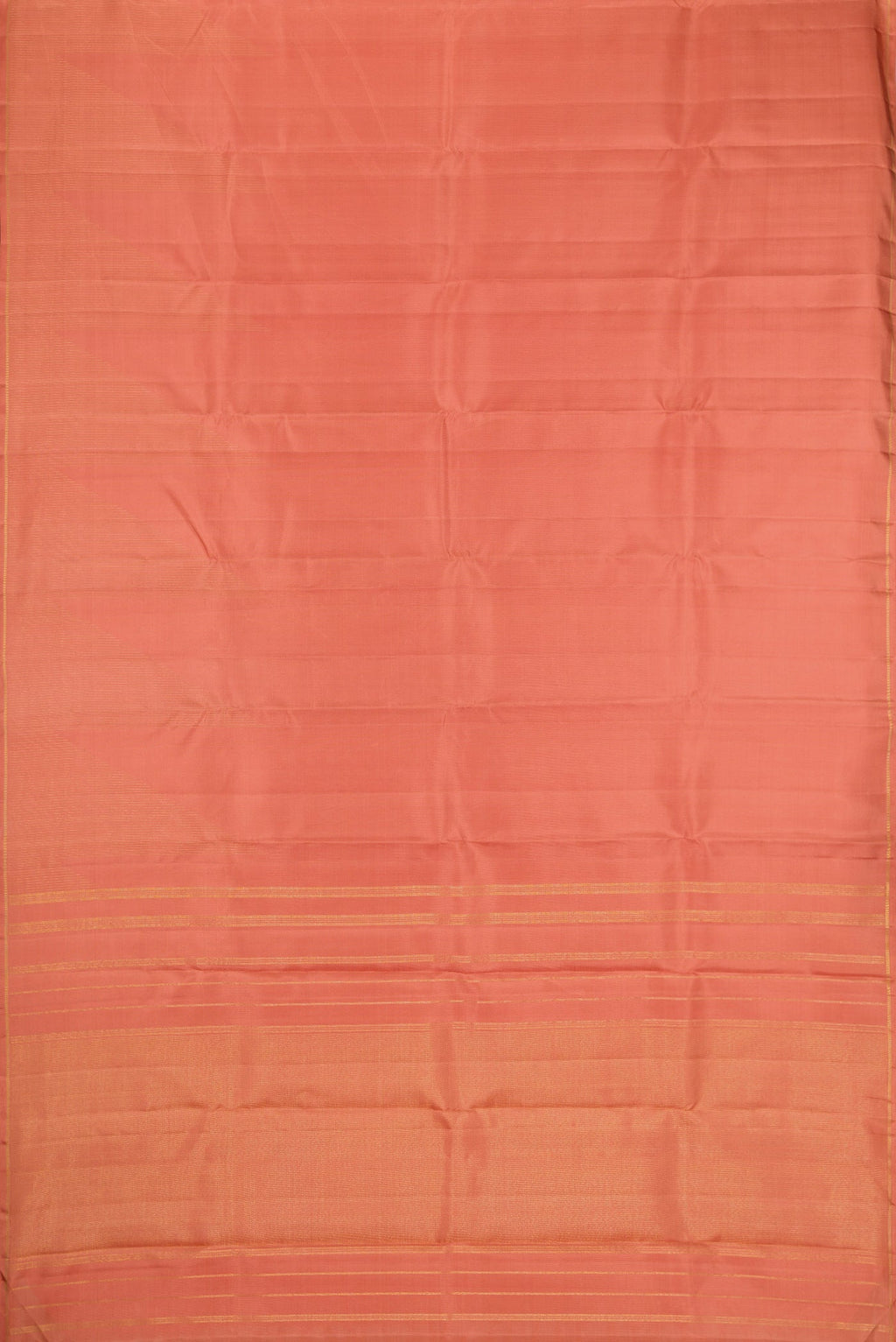 Flat view of Pure Silk Pure Zari Golden Peach Dual Tone Kanjivaram Saree with Stripes on the body and Fancy Border. 