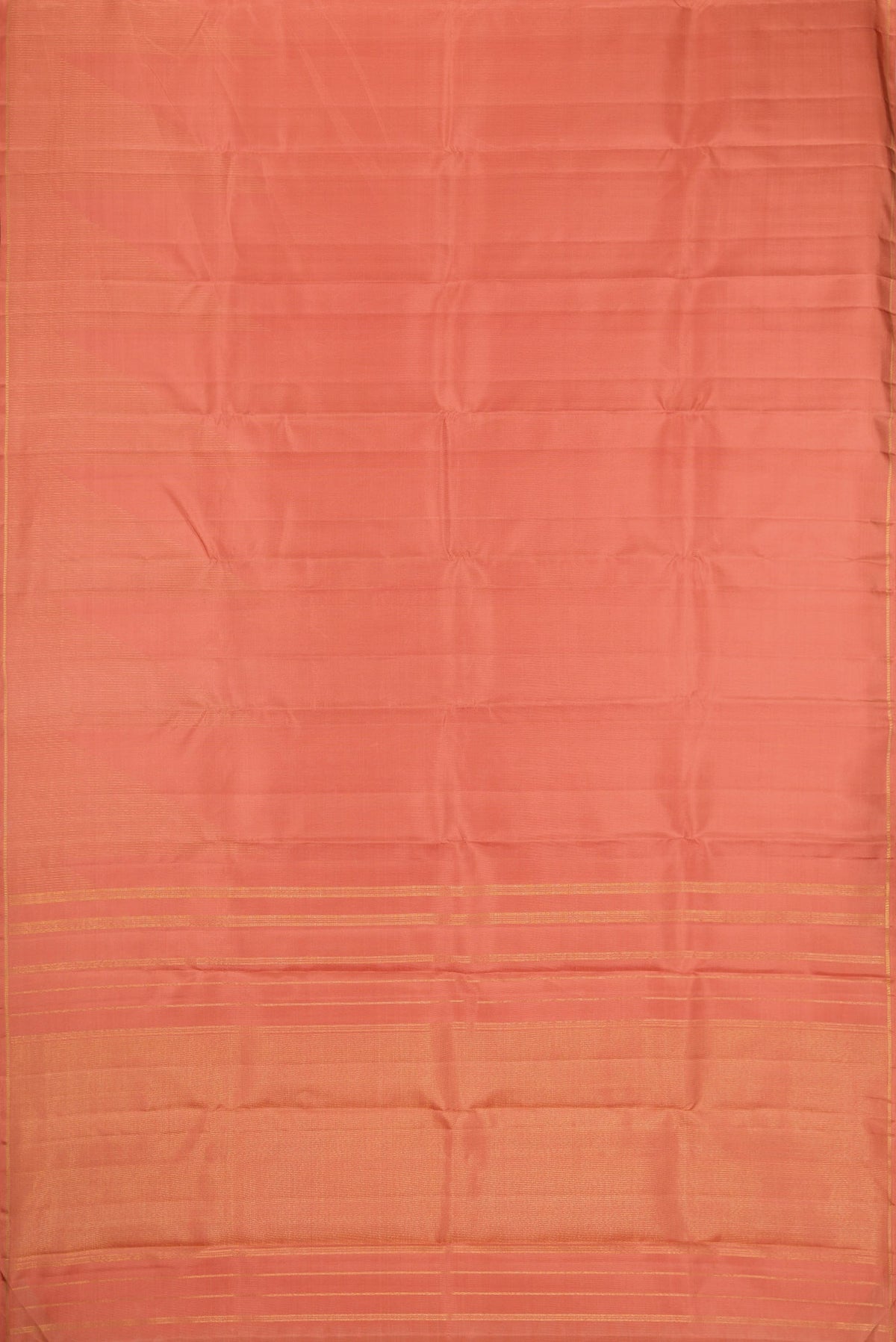 Flat view of Pure Silk Pure Zari Golden Peach Dual Tone Kanjivaram Saree with Stripes on the body and Fancy Border. 