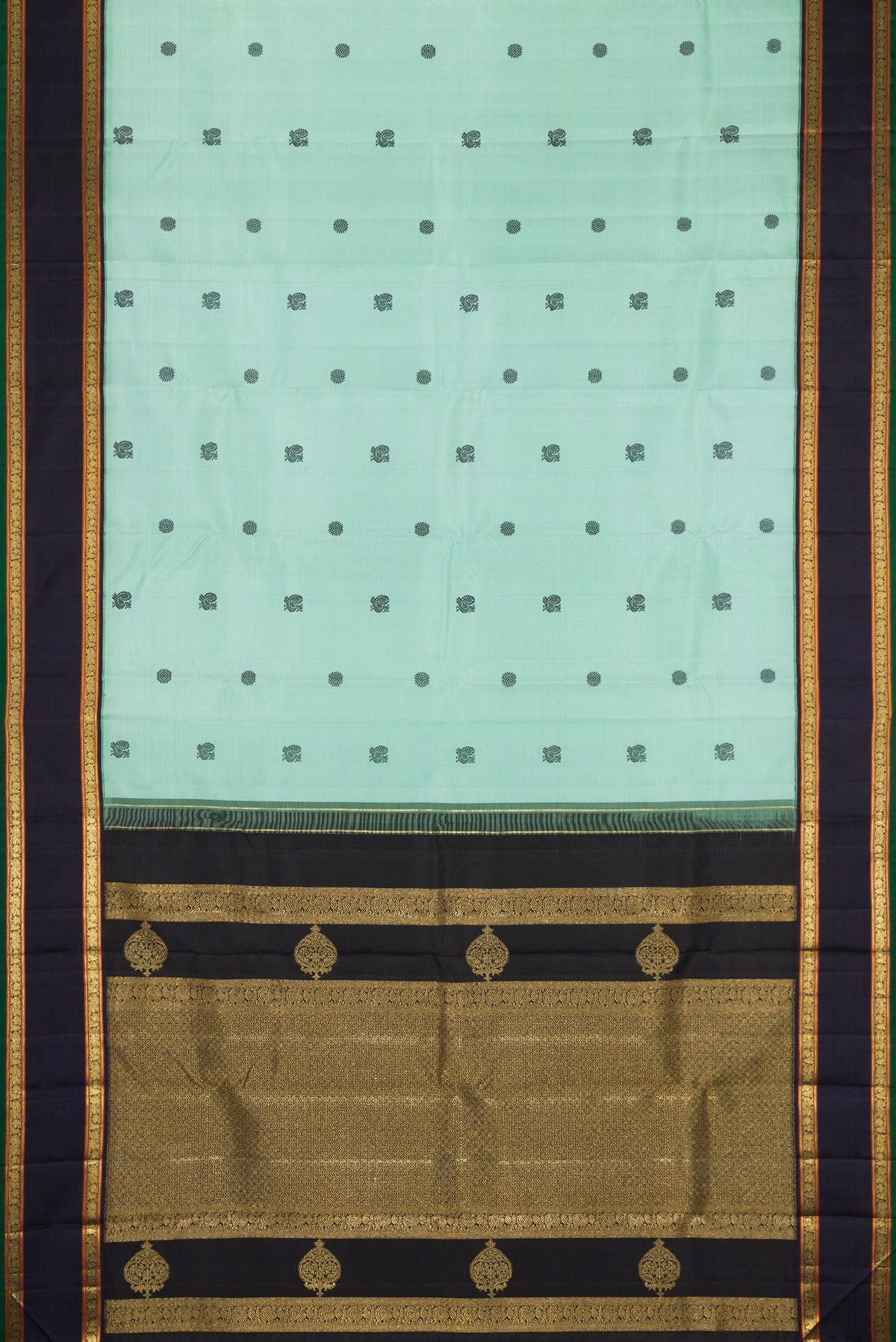 Flat view of Pure Silk Pure Zari Light Blue Dual Tone Kanchipuram Saree with Thread Butta on the body and Zari Border. 