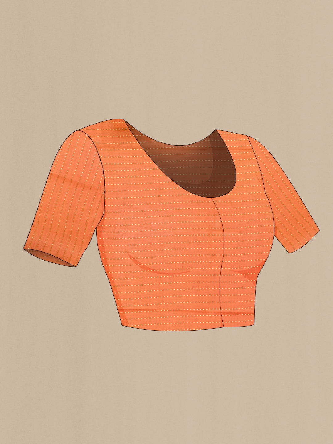 Close up image of the blouse of Orange Dual Tone Crepe Saree with Plain Body and Fancy Border. 