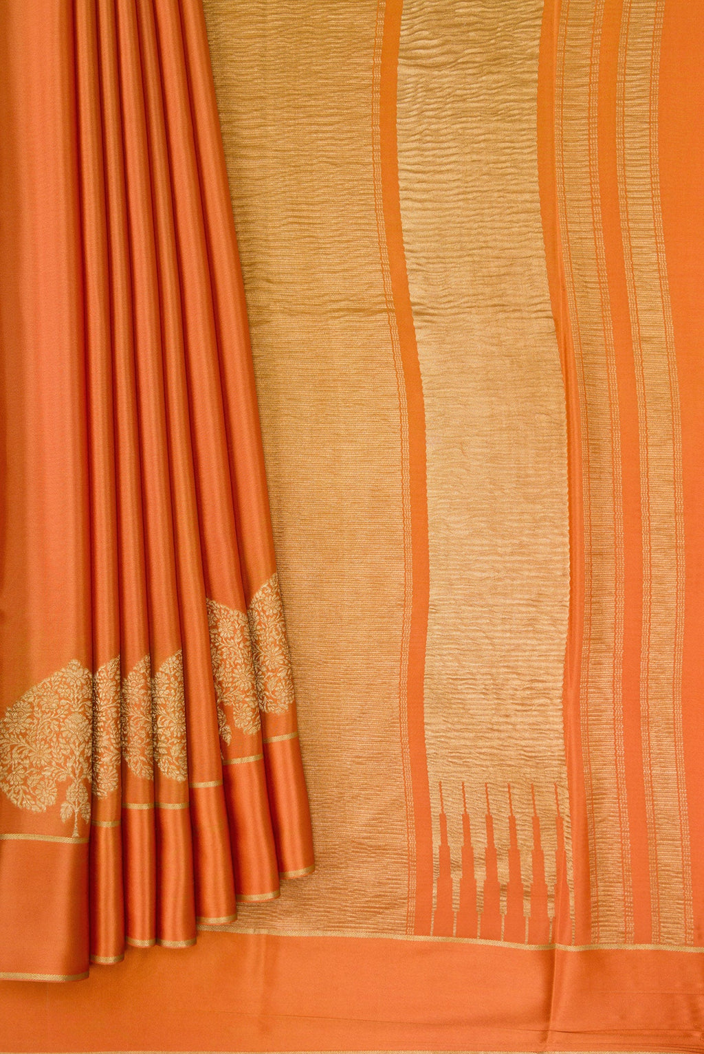 Pleats and pallu of Orange Dual Tone Crepe Saree with Plain Body and Fancy Border. 