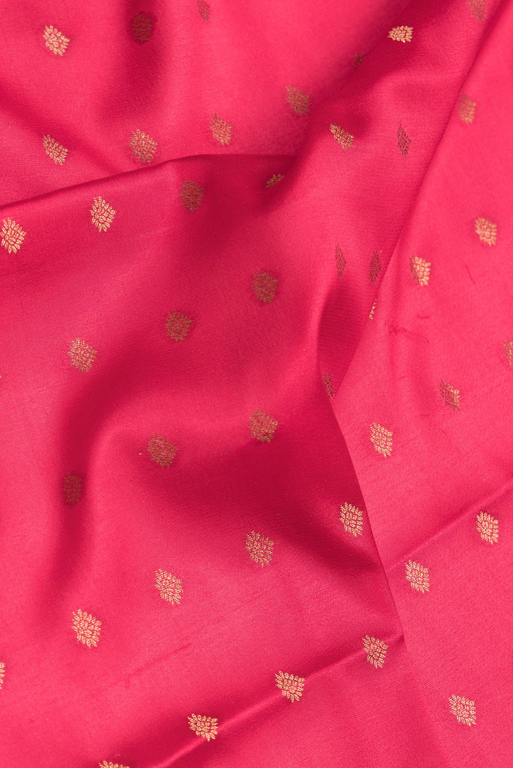 Close up of Dark Pink Dual Tone Mysore Silk Saree with Zari Butta on the body and Zari Border.  displaying folds