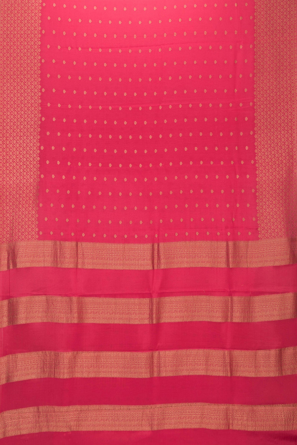 Flat view of Dark Pink Dual Tone Mysore Silk Saree with Zari Butta on the body and Zari Border. 