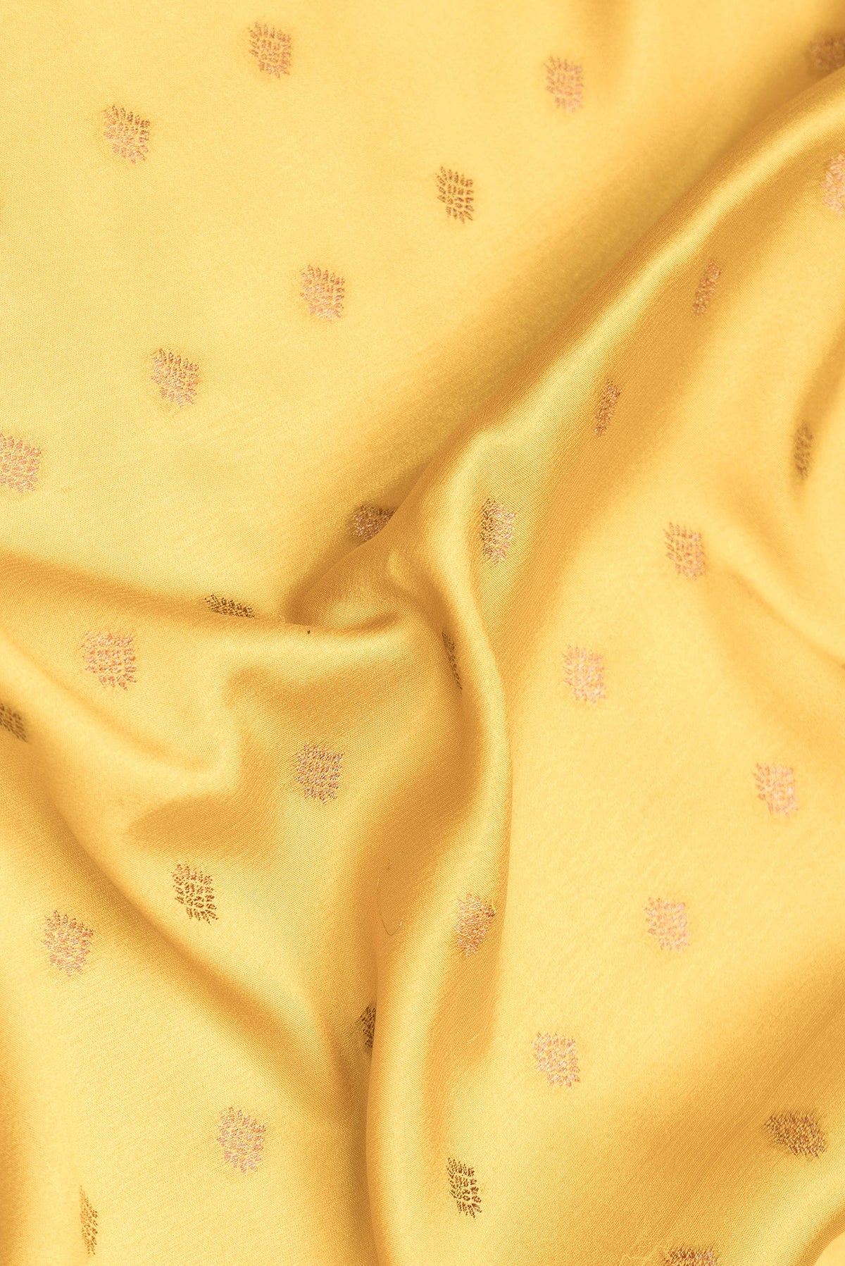 Close up of Mustard Dual Tone Mysore Crepe Saree with Zari Butta on the body and Zari Border.  displaying folds