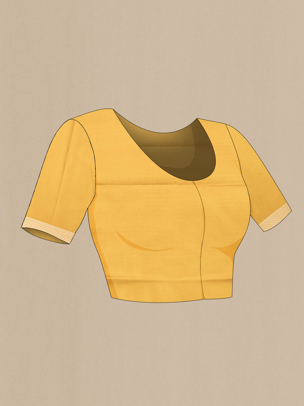 Close up image of the blouse of Mustard Dual Tone Banarasi Georgette Saree with Stripes on the body and Zari Border. 
