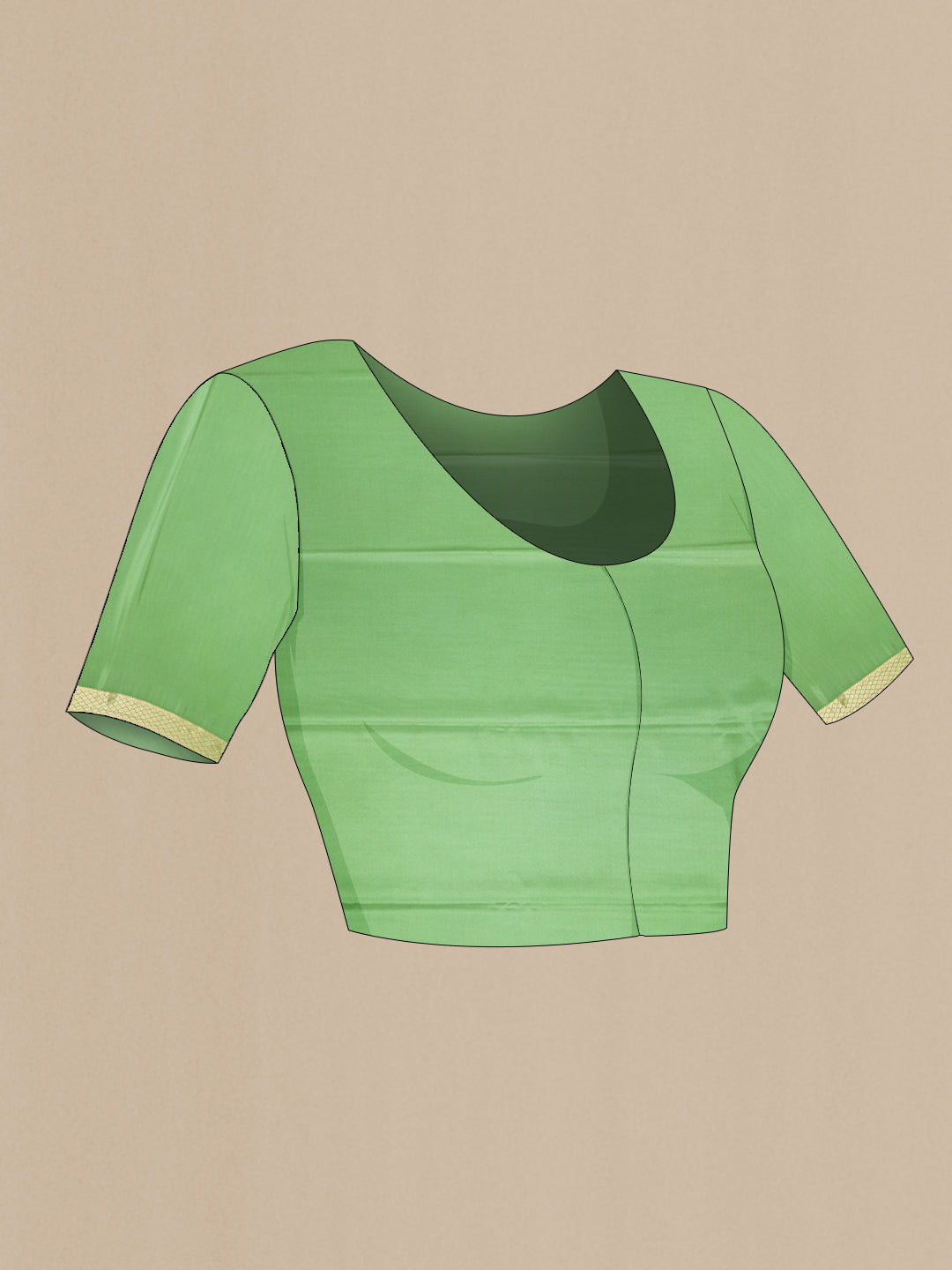 Close up image of the blouse of Pista Green Mysore Crepe Saree with Stripes on the body and Zari Border. 