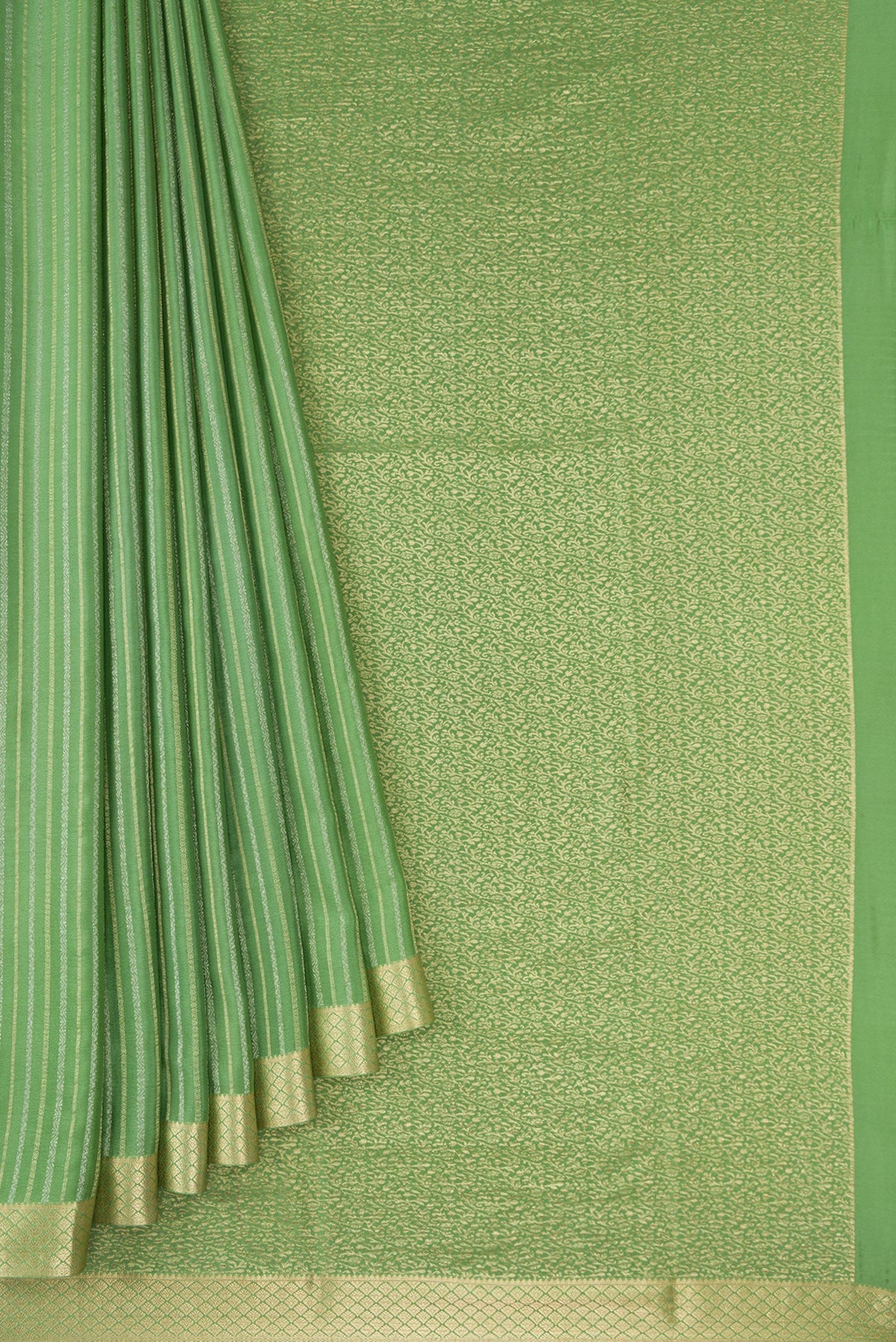 Pleats and pallu of Pista Green Mysore Crepe Saree with Stripes on the body and Zari Border. 
