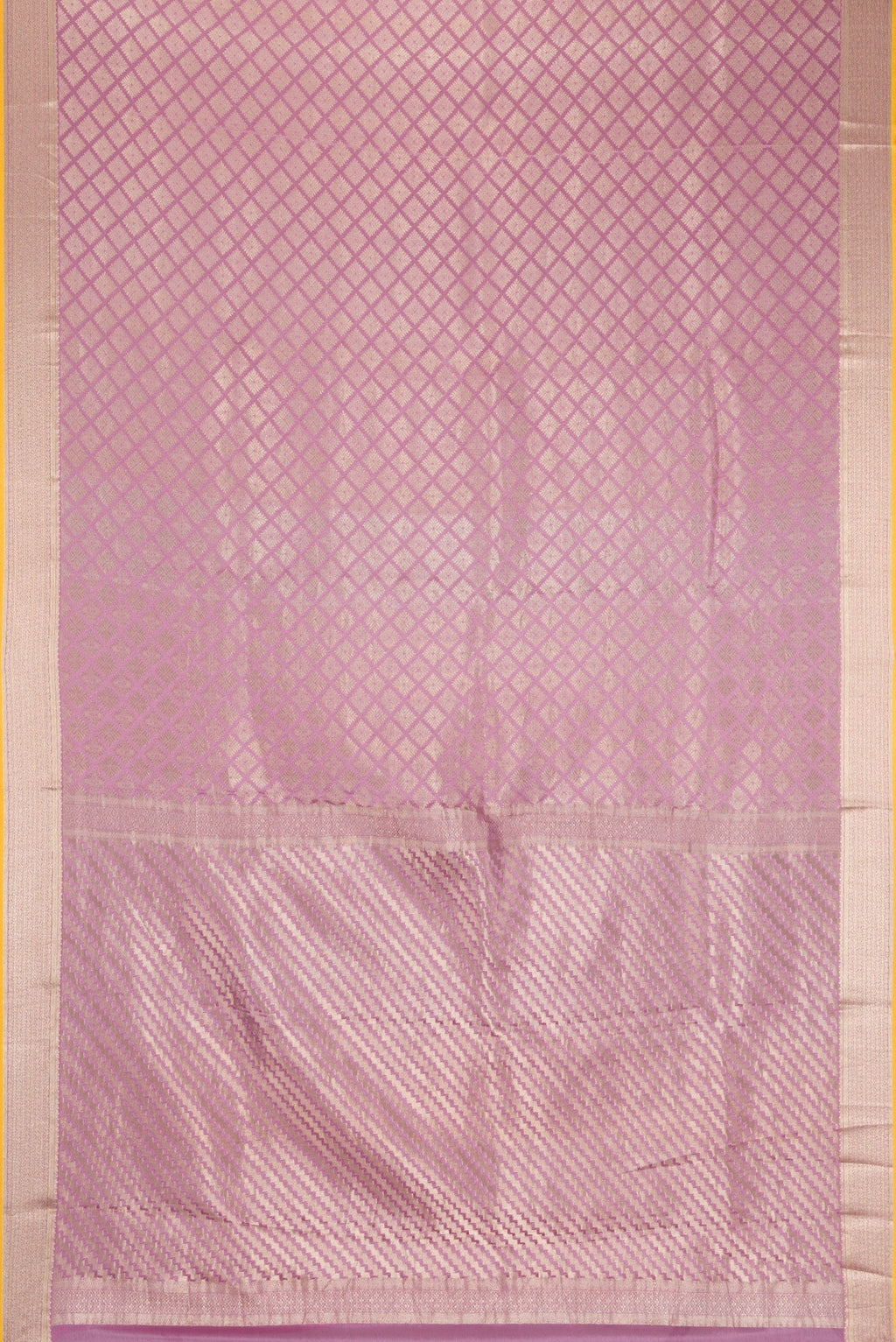 Flat view of Lavender Dual Tone Mysore Crepe Saree with Zari Brocade on the body and Zari Border. 