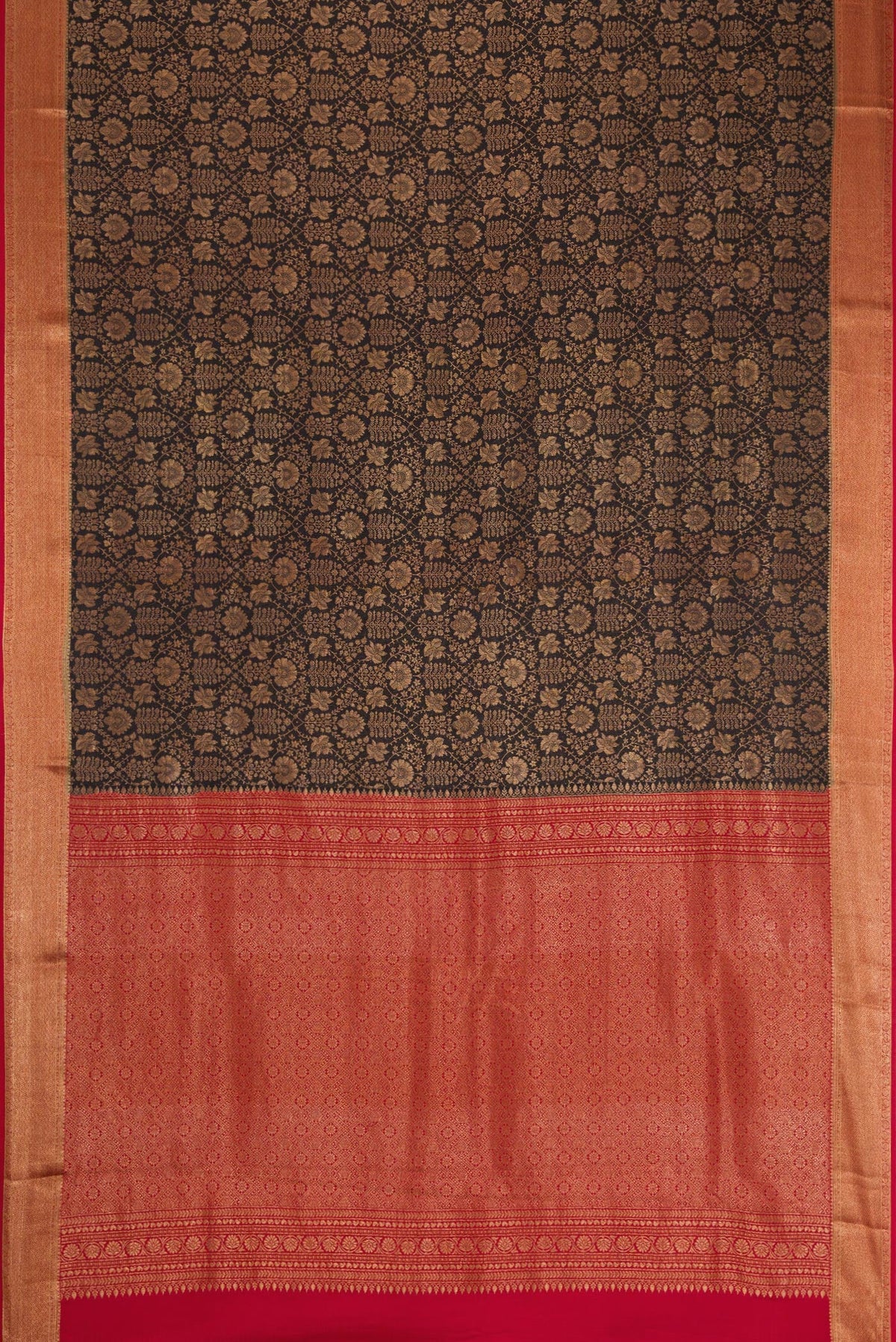 Flat view of Black Mysore Crepe Saree with Zari Brocade on the body and Zari Border. 