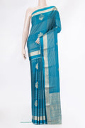 Peacock Blue Dual Tone Banarasi Georgette Saree with Checked design on the body and Zari And Thread Border.  displayed on a mannequin
