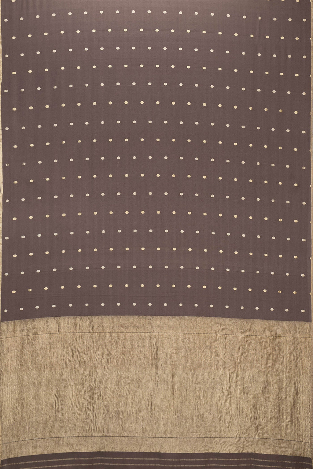 Flat view of Brown Dual Tone Mysore Silk Saree with Zari Butta on the body and Zari Border. 