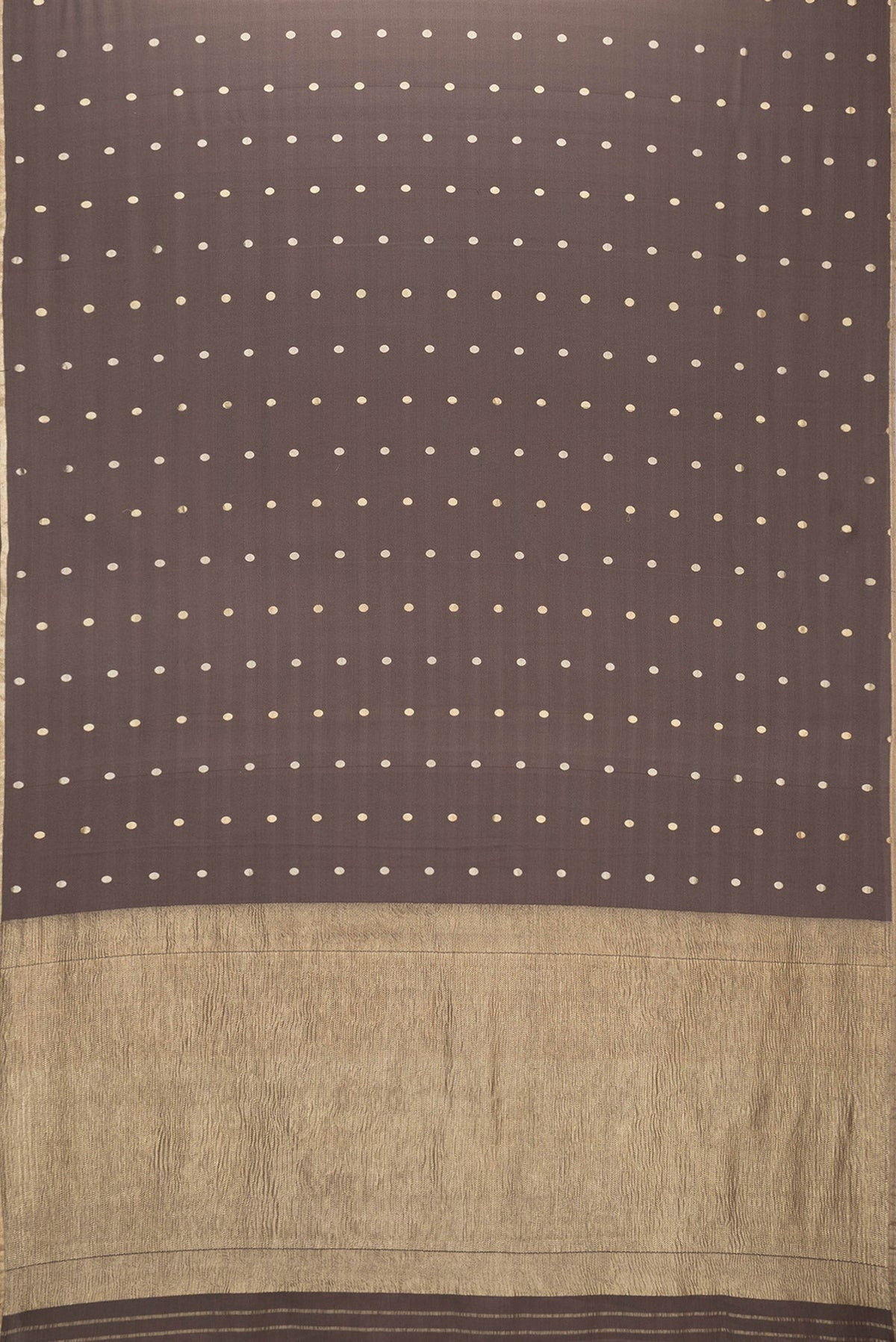 Flat view of Brown Dual Tone Mysore Silk Saree with Zari Butta on the body and Zari Border. 