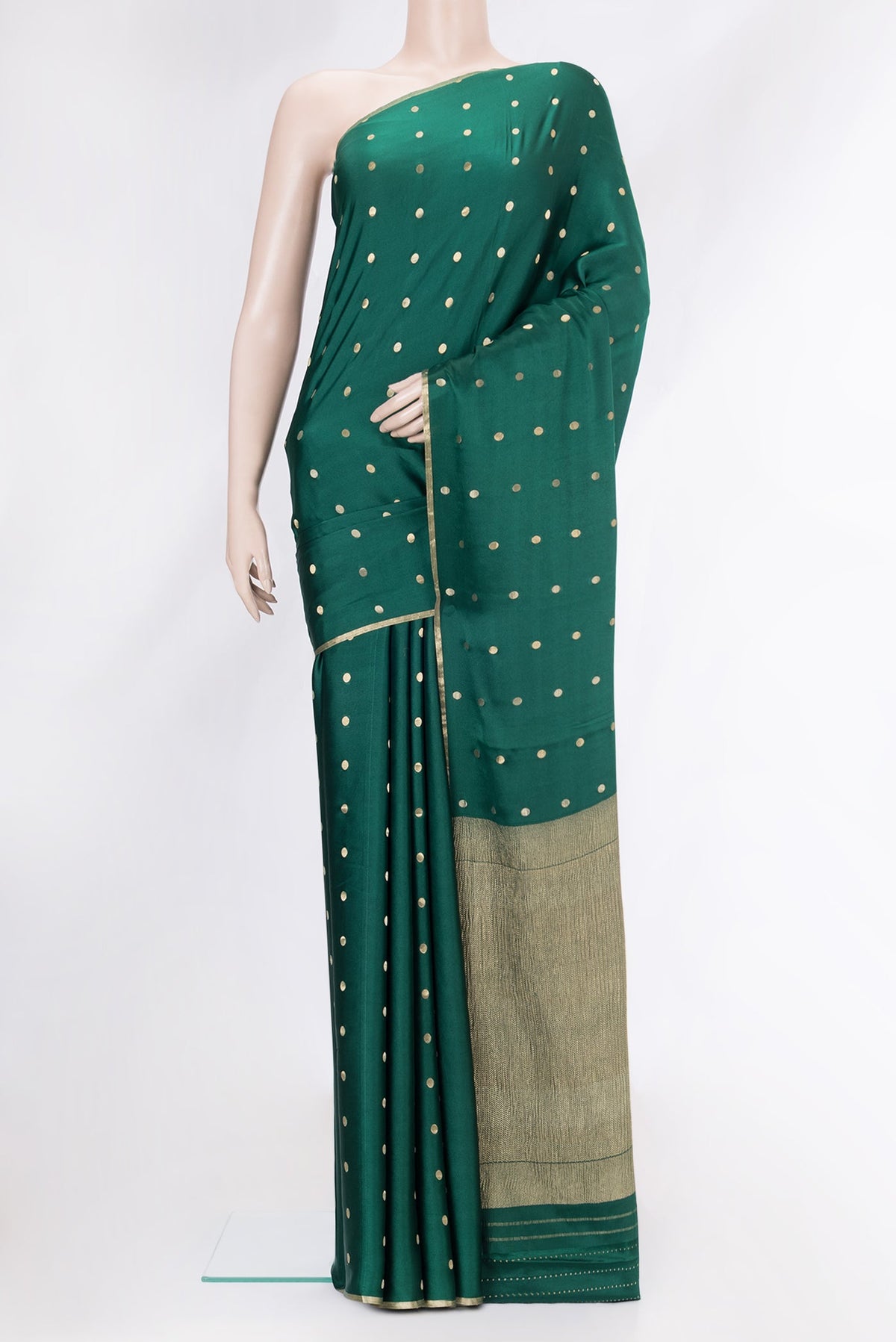 Bottle Green Dual Tone Mysore Silk Saree with Zari Butta on the body and Zari Border.  displayed on a mannequin