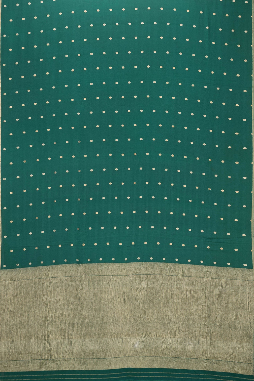Flat view of Bottle Green Dual Tone Mysore Silk Saree with Zari Butta on the body and Zari Border. 