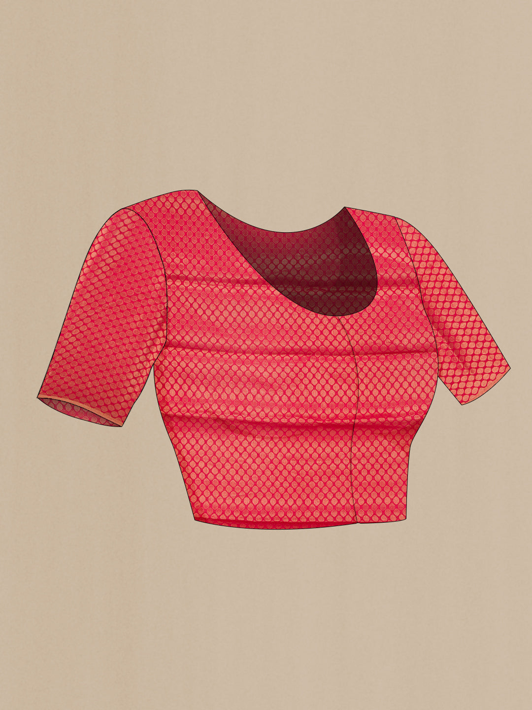 Close up image of the blouse of Red Mysore Chiffon Saree with Printed design on the body and Zari Border. 