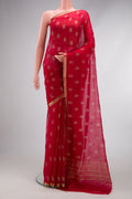 Red Mysore Chiffon Saree with Printed design on the body and Zari Border.  displayed on a mannequin