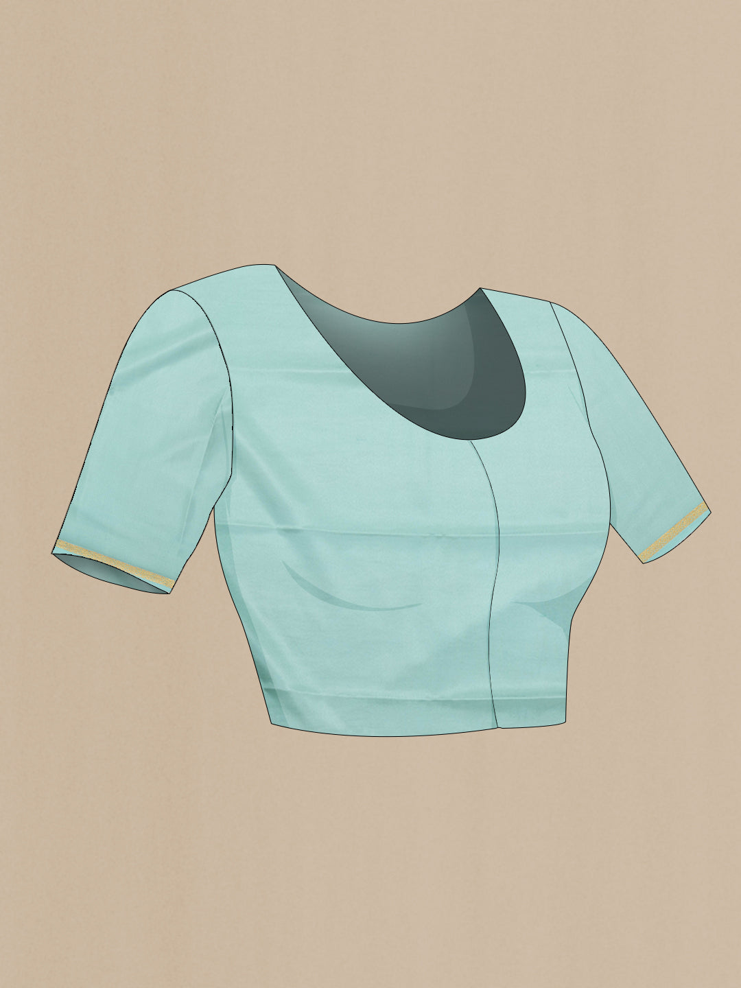 Close up image of the blouse of Sea Green Mysore Crepe Saree with Plain Body and Zari Border. 