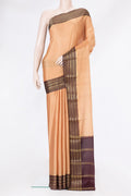 Sandal Dual Tone Mysore Silk Saree with Plain Body and Zari Border.  displayed on a mannequin