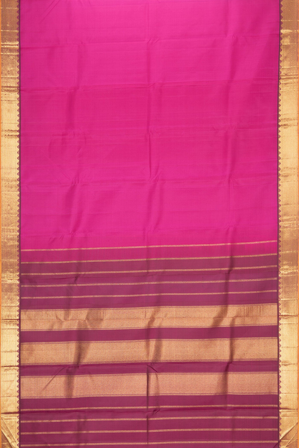 Flat view of Pink Dual Tone Kanchipuram Silk Saree with Plain Body and Zari Border. 
