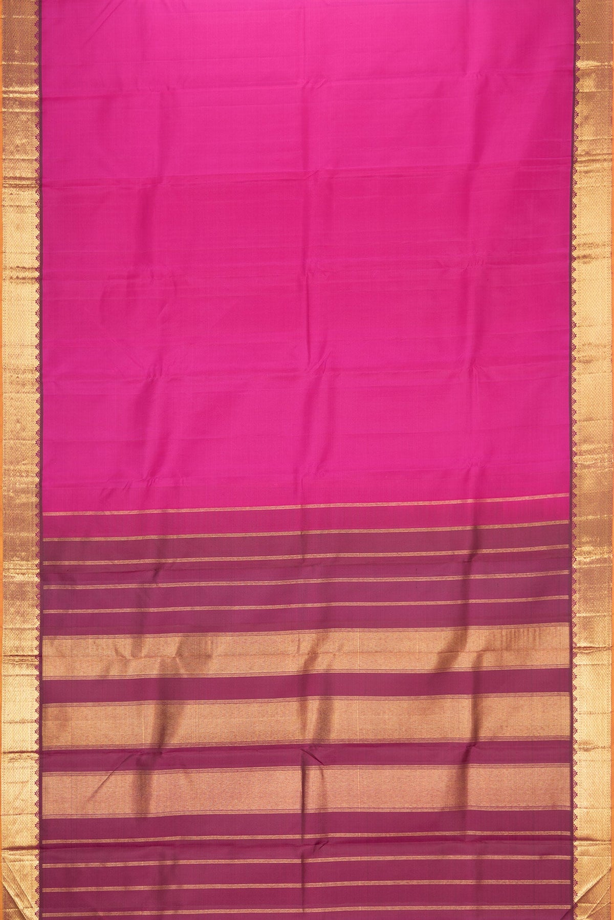 Flat view of Pink Dual Tone Kanchipuram Silk Saree with Plain Body and Zari Border. 