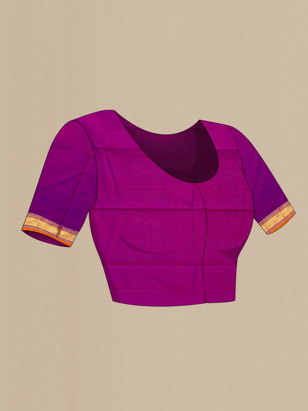 Close up image of the blouse of Dark Pink Dual Tone Kanchipuram Silk Saree with Zari Butta on the body and Zari Border. 