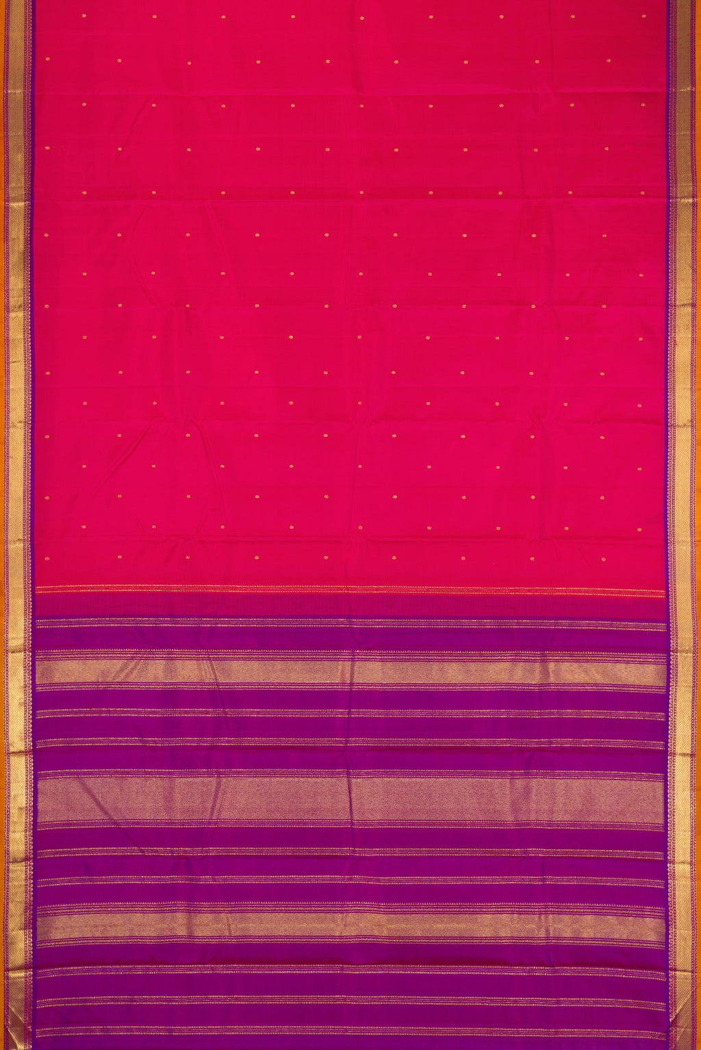 Flat view of Dark Pink Dual Tone Kanchipuram Silk Saree with Zari Butta on the body and Zari Border. 
