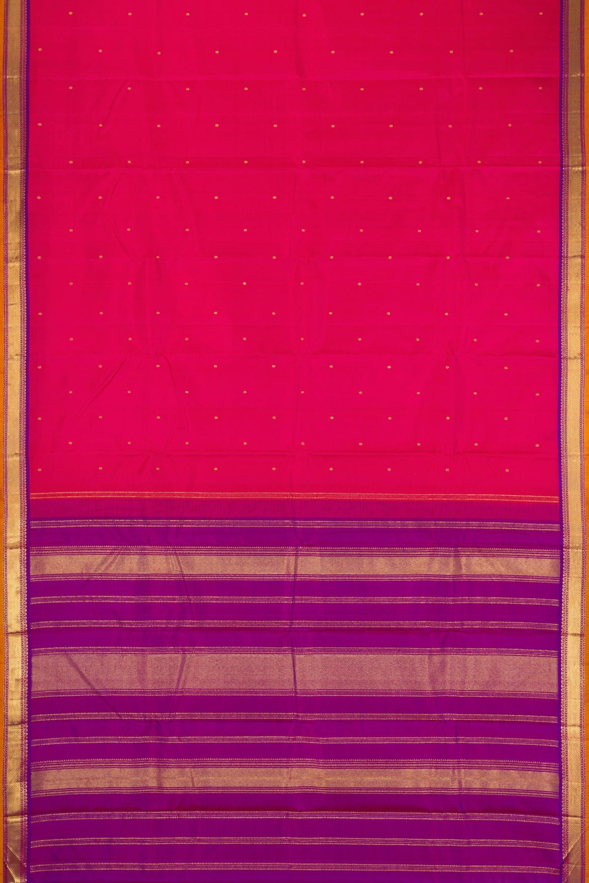 Flat view of Dark Pink Dual Tone Kanchipuram Silk Saree with Zari Butta on the body and Zari Border. 