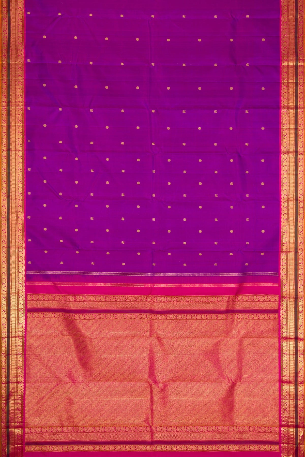 Flat view of Purple Dual Tone Kanjivaram Silk Saree with Zari Butta on the body and Zari Border. 