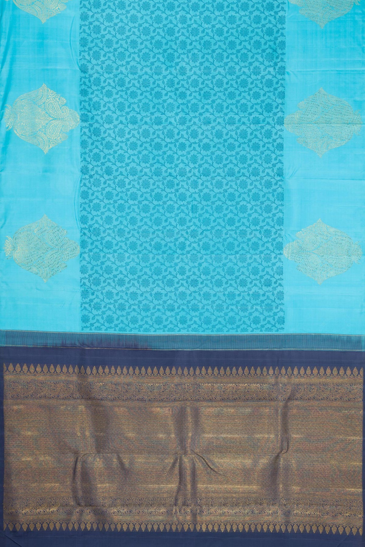 Flat view of Sky Blue Dual Tone Kanjivaram Silk Saree with Zari Butta on the body and Fancy Border. 