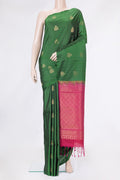 Bottle Green Dual Tone Soft Silk Saree with Stripes on the body and Without Border.  displayed on a mannequin