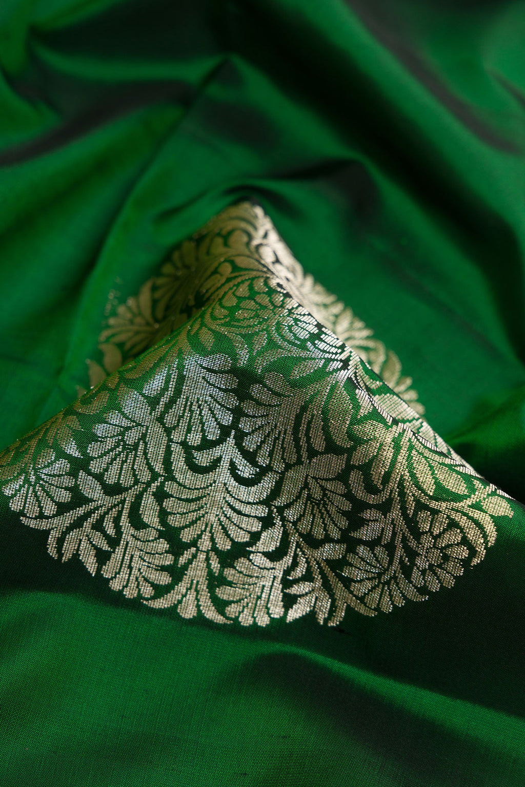 Close up of Green Dual Tone Soft Silk Saree with Zari Butta on the body and Plain Border.  displaying folds