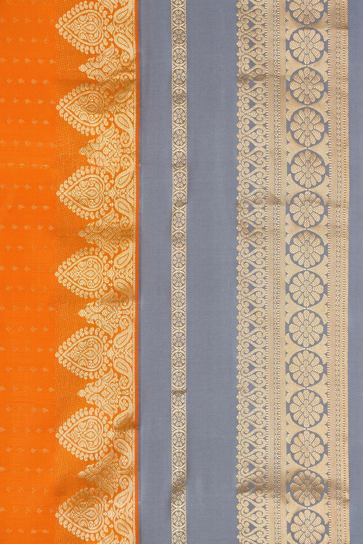 Border image of Orange Dual Tone Kanchipuram Silk Saree with Stripes on the body and Fancy Border. 
