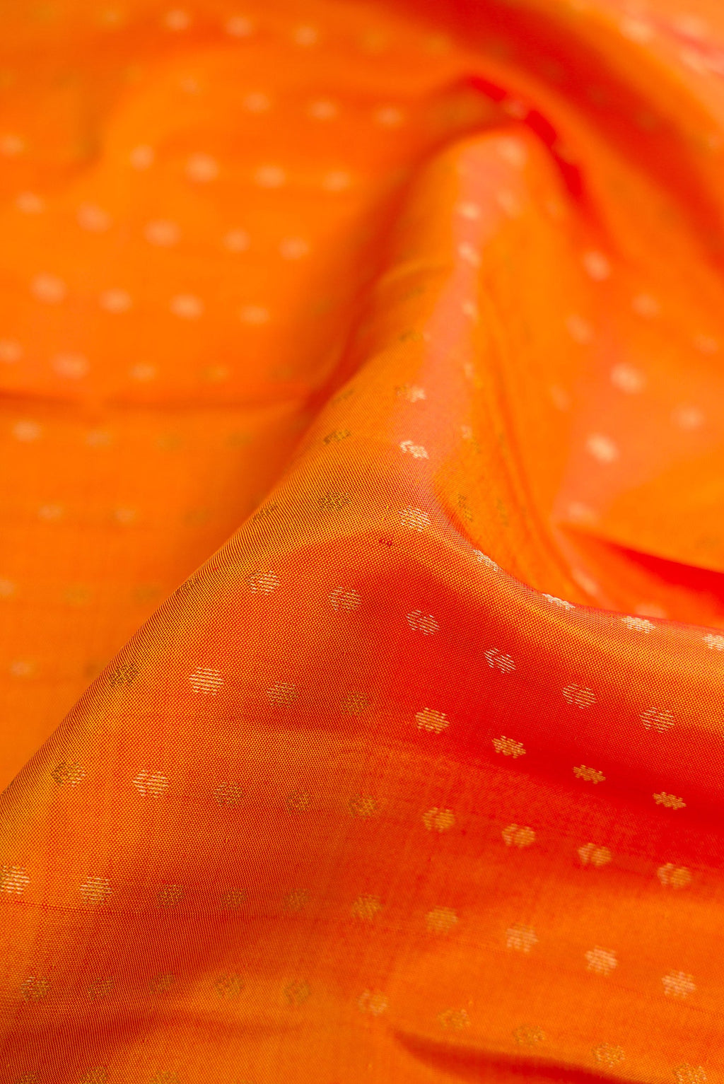 Close up of Mustard Dual Tone Kanchipuram Silk Saree with Zari Butta on the body and Fancy Border.  displaying folds