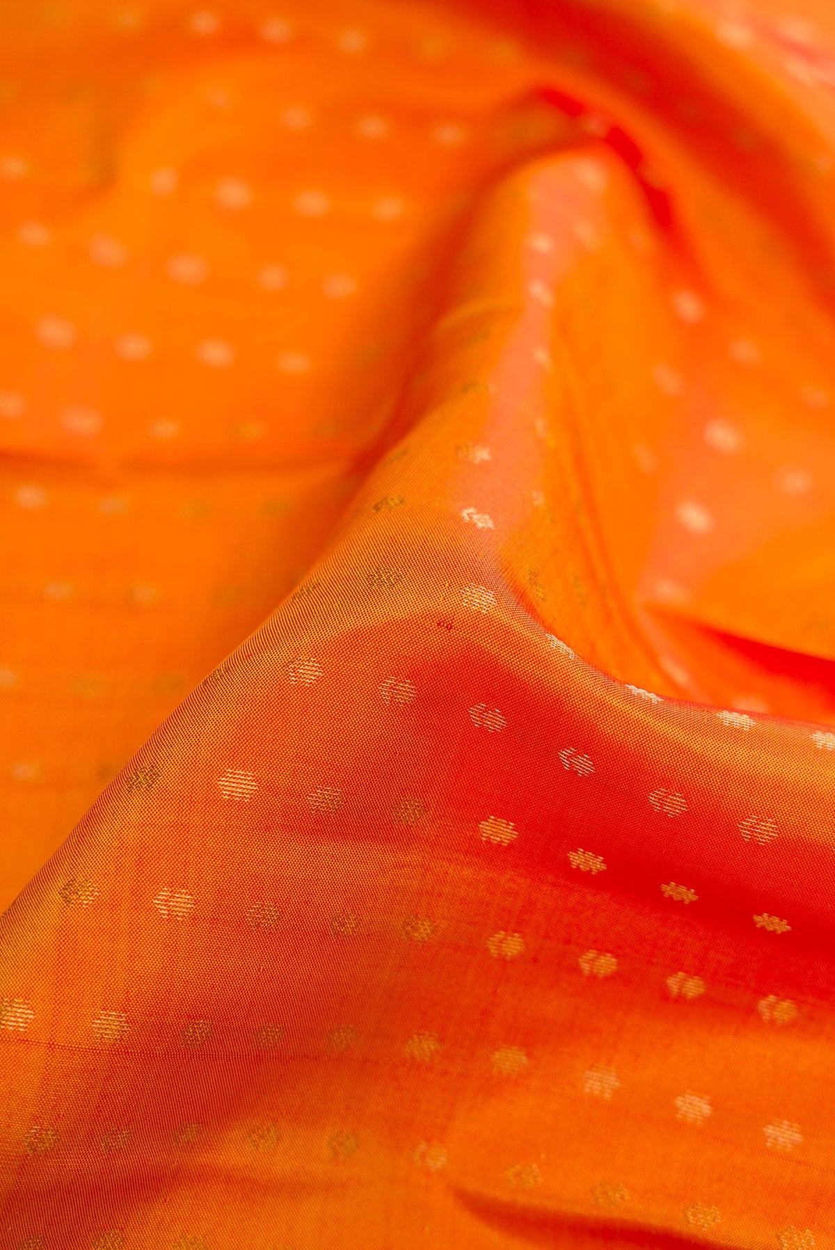 Close up of Mustard Dual Tone Kanchipuram Silk Saree with Zari Butta on the body and Fancy Border.  displaying folds