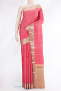 Pink Dual Tone Kanchipuram Silk Saree with Stripes on the body and Zari Border.  displayed on a mannequin