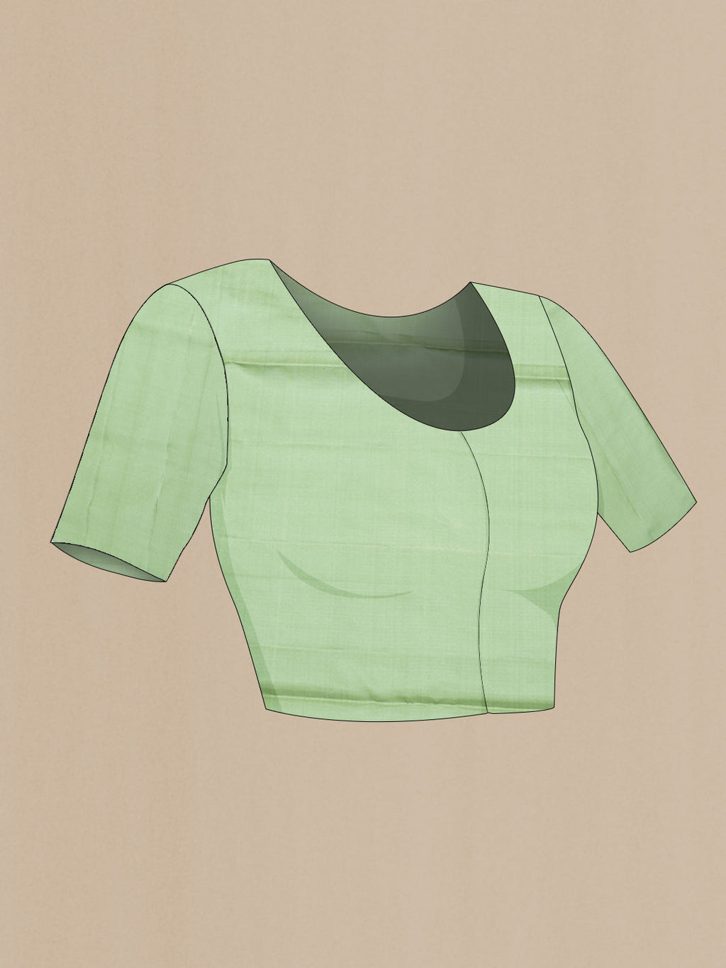 Close up image of the blouse of Sea Green Soft Silk Saree with Zari Butta on the body and Without Border. 