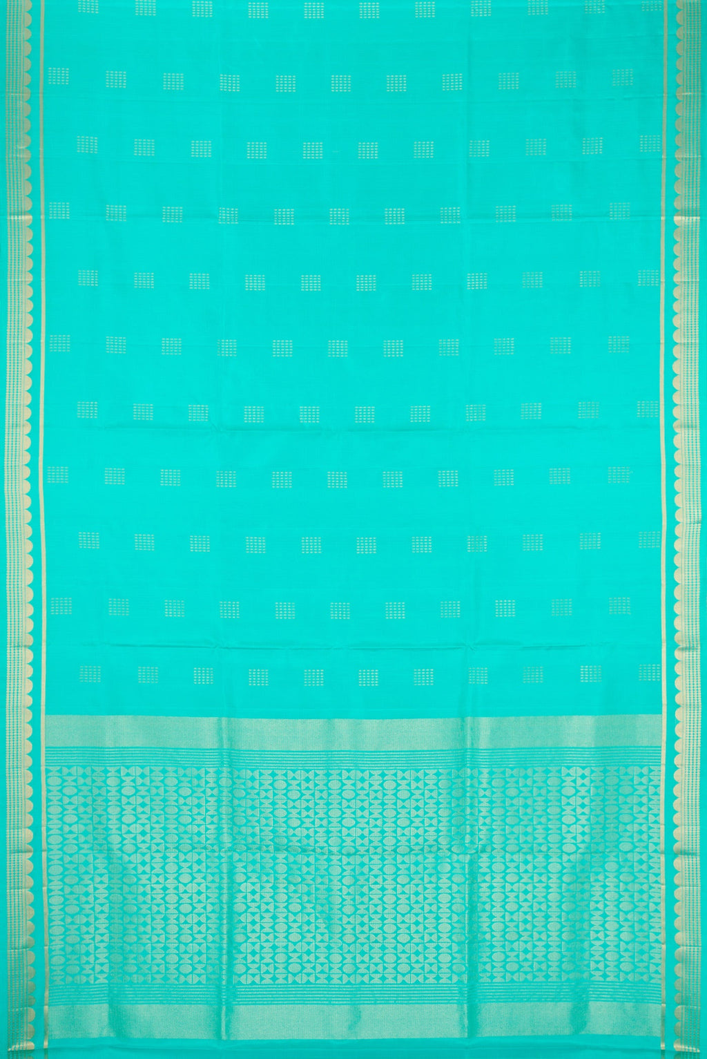 Flat view of Sea Green Dual Tone Soft Silk Saree with Zari Butta on the body and Zari Border. 