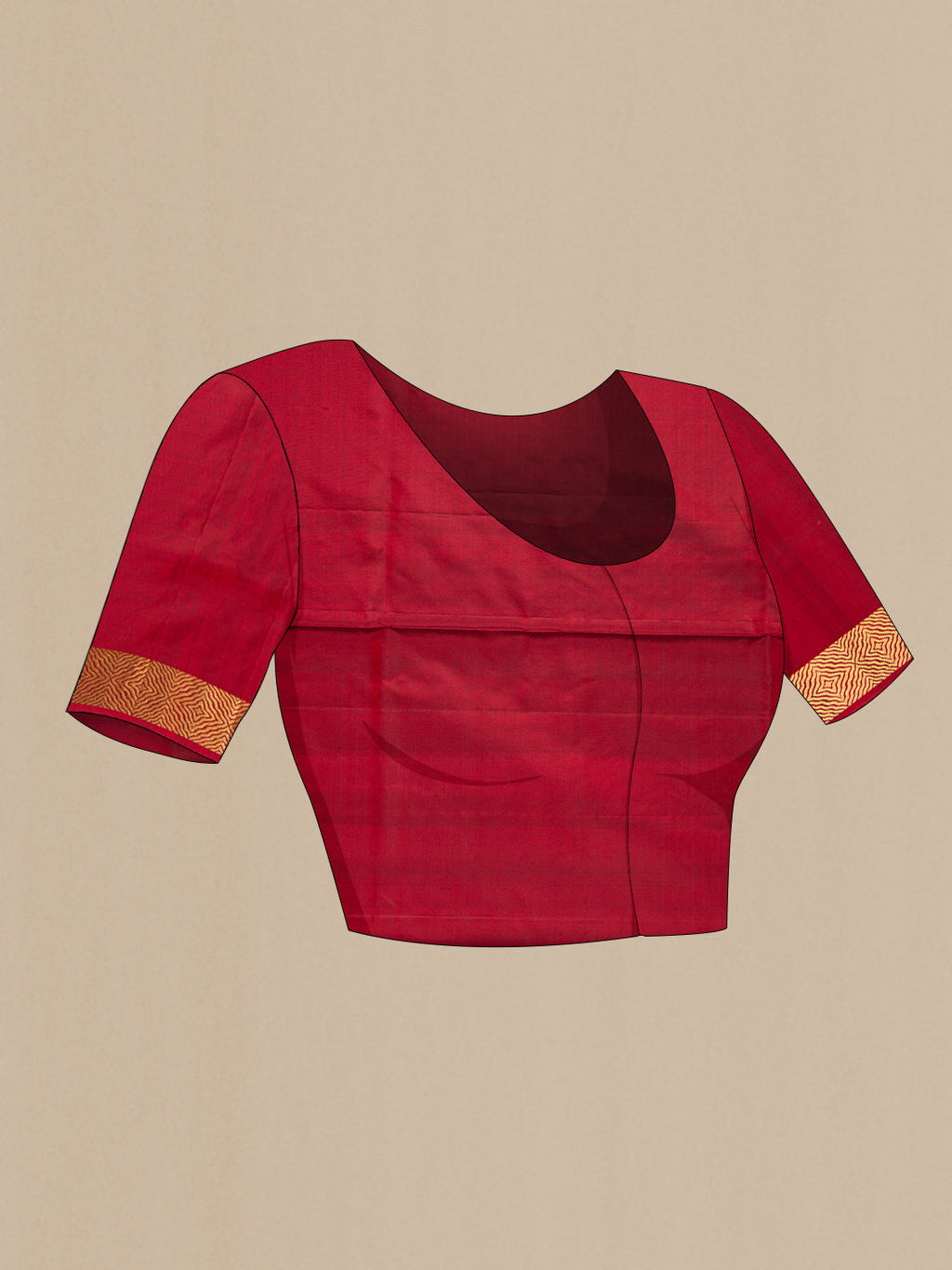 Close up image of the blouse of Maroon Dual Tone Soft Silk Saree with Zari Butta on the body and Zari Border. 