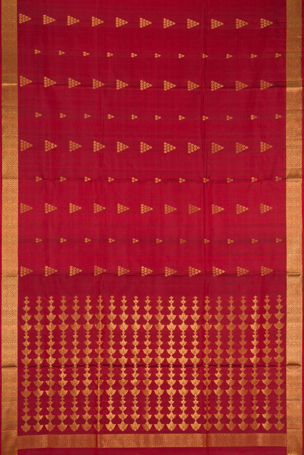 Flat view of Maroon Dual Tone Soft Silk Saree with Zari Butta on the body and Zari Border. 