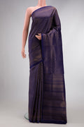 Navy Blue Dual Tone Soft Silk Saree with Zari Brocade on the body and Zari Border.  displayed on a mannequin
