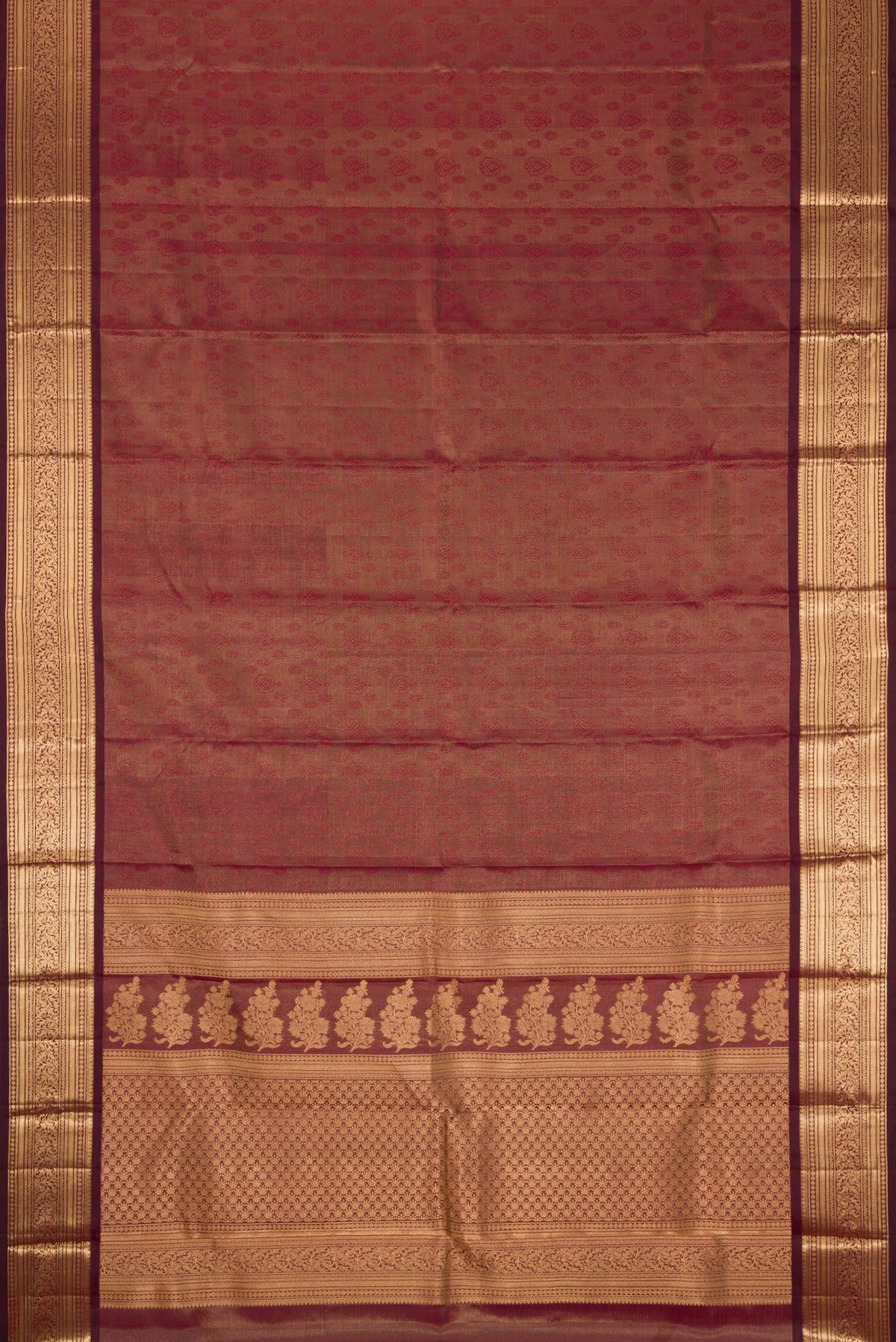 Flat view of Maroon Dual Tone Kanchipuram Tissue Silk Saree with Zari Brocade on the body and Zari Border. 